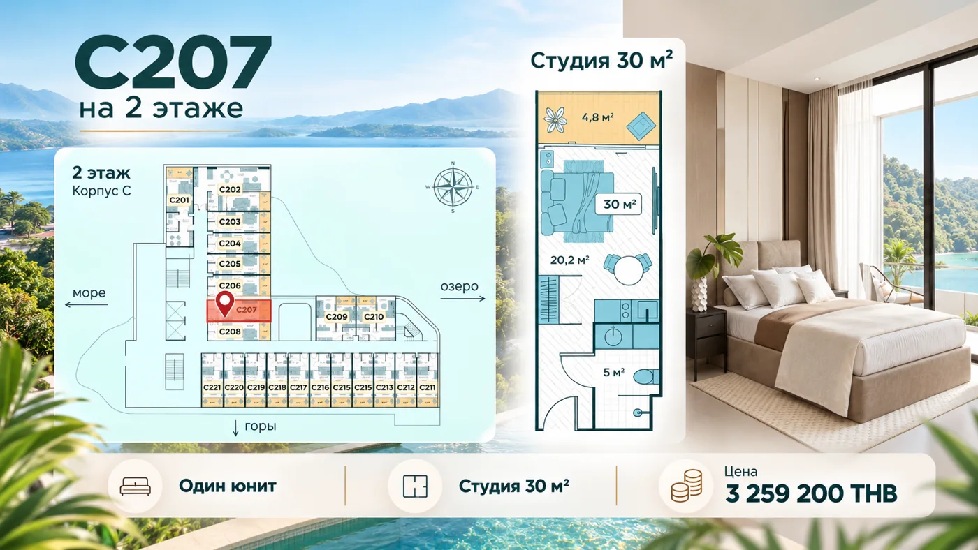 Планировка студии C207 30 м² и положение на этаже
